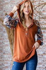 Heimish Women's Printed Long Sleeve Hooded Top with Half Button Detail - Cozy Casual Wear