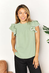 Stylish Pleated Detail Flutter Sleeve Blouse - Casual & Versatile
