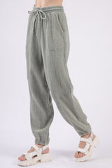 VERY J Women's Crinkle Gauze Drawstring Pants - Stylish & Comfortable Cotton Trousers