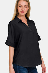 Zenana Full Size Textured Collared Neck Short Sleeve Women's Top - Chic & Versatile