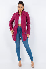 American Bazi Women's Distressed Denim Jacket - Button Up Long Sleeve