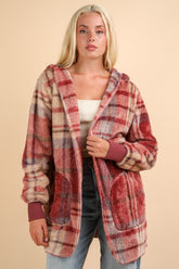 VERY J Women's Fuzzy Plaid Hooded Jacket - Stylish Long Sleeve Winter Wear