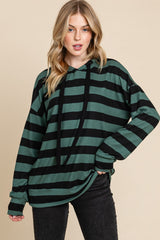 BOMBOM Women's Striped Drawstring Dropped Shoulder Hoodie - Trendy Streetwear