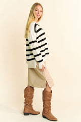 Davi & Dani High-Low Striped Sweater with Side Slits - Chic Johnny Collar Design