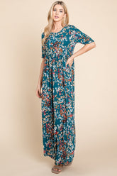 BOMBOM Women's Printed Shirred Maxi Dress - Stylish & Comfortable