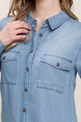 Stylish Scooped Hem Button Up Denim Shirt by Love Tree