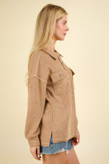 VERY J Women's Oversized Collared Knit Top with Pockets - Chic Long Sleeve Button-Down