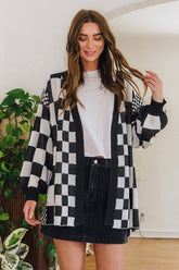Annie Wear Women's Checkered Open Front Cardigan with Drop Shoulder Design