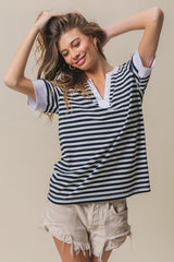 BiBi Contrast Striped Notched Knit Top - Chic & Versatile Modern Fashion