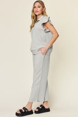 Women's Ruffle Short Sleeve Top & Drawstring Wide Leg Pants Set - Perfect for Effortless Style