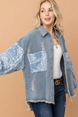 Trendy Paisley Print Quilted Sleeve Denim Jacket - And The Why