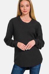 Zenana Full Size Cozy Round Neck Long Sleeve Sweater with Curved Hem
