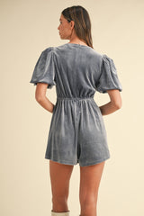 Luxurious Velvet Romper with Jewel Bow Decor and Puff Sleeves