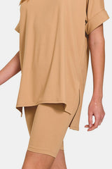 Zenana Women's Casual V-Neck T-Shirt & Biker Shorts Set - Perfect for Lounge & Gym