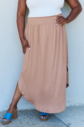 Doublju Tan High Waist Maxi Skirt with Scoop Hem - Elegant Comfort for Every Occasion