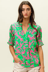 BiBi Women's Smocked Cuff Floral Contrast Top - Chic & Feminine