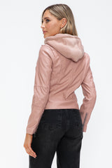 Chic Women's Faux Leather Hooded Jacket with Sporty Drawstring & Zip-Up