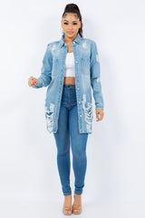 American Bazi Women's Distressed Denim Jacket - Trendy Button-Up Long Sleeve