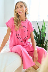 First Love Smile Face Relaxed Cotton T-Shirt with Drop Shoulder