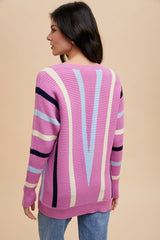 Annie Wear Chevron Stripe Ribbed Sweater - Trendy Round Neck Knitwear