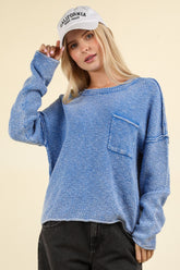 VERY J Women's Vintage Mineral Washed Exposed Seam Sweater with Pocket