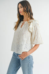 MABLE Women's Eyelet Lace Ruffle Shoulder Puff Sleeve Blouse