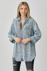 Stylish RISEN Distressed Raw Hem Denim Shirt – Casual Edgy Wardrobe Essential