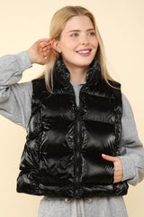 VERY J Shiny Metallic Zip-Up Puffer Vest - Stylish Winter Essential