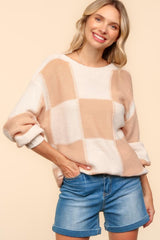 Haptics Women's Full Size Checkered Round Neck Drop Shoulder Sweater - Cozy Winter Fashion