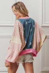 BiBi Women's Stars and Stripes Round Neck Long Sleeve Top - Trendy Casual Wear