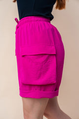 White Birch High Waisted Knit Cargo Shorts with Drawstring & Pockets