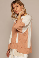 Trendy POL Notched Frayed Edge Contrast Top for Stylish Outfits
