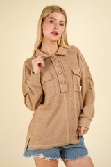 VERY J Women's Oversized Collared Knit Top with Pockets - Chic Long Sleeve Button-Down