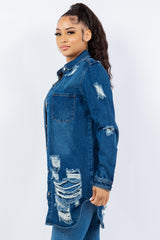 American Bazi Women's Distressed Denim Jacket - Button-Up Long Sleeve, 100% Cotton