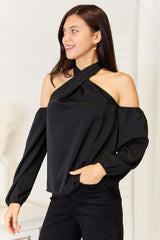 Elegant Grecian Cold Shoulder Long Sleeve Blouse - Perfect for Any Occasion