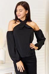 Elegant Grecian Cold Shoulder Long Sleeve Blouse - Perfect for Any Occasion