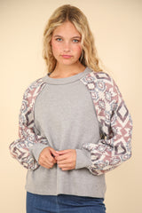 Women's Fashionable VERY J Printed Knit Top - Long Sleeve, Round Neck