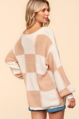 Haptics Women's Full Size Checkered Round Neck Drop Shoulder Sweater - Cozy Winter Fashion
