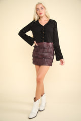 Elegant V-Neck Lace Detail Ribbed Crop Top with Bell Sleeves by VERY J