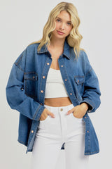 RISEN Women's Full Size Snap Down Long Sleeve Denim Shacket - Casual Layering Jacket
