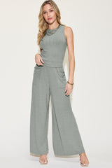 Trendy Ribbed Tank & Wide Leg Pants Set - Full Size, Stylish & Comfortable