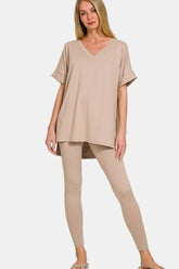 Zenana Full Size V-Neck Rolled Sleeve Lounge Set - Cozy T-Shirt and Leggings