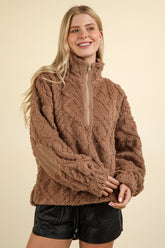 VERY J Cozy Fuzzy Fleece Half Zip Sweatshirt with Cable Knit & Corduroy Accents - Warmth & Style Combined
