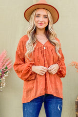 Elegant Swiss Dot V Neck Balloon Sleeve Blouse - Chic Feminine Style