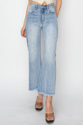 RISEN High Rise Cropped Wide Leg Jeans with Frayed Hem - Trendy & Comfortable Denim