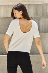 And The Why Chic Criss Cross Pearl Embellished Open Back T-Shirt - Pearly White