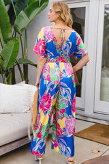 ODDI Women's Floral Smocked Tied Back Jumpsuit - Elegant Wide-Leg Design