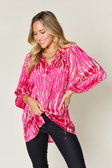 Double Take Full Size Printed Button-Up Long Sleeve Shirt with Frill Detail