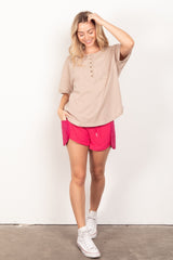 VERY J 90s Retro Twisted Sleeve Henley Knit Top with Button Detail
