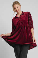 Umgee Velvet Babydoll Blouse with Pearl Detailing - Chic Collared Neck